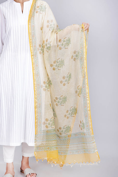 Kota Doria Dupatta In Floral Block Print